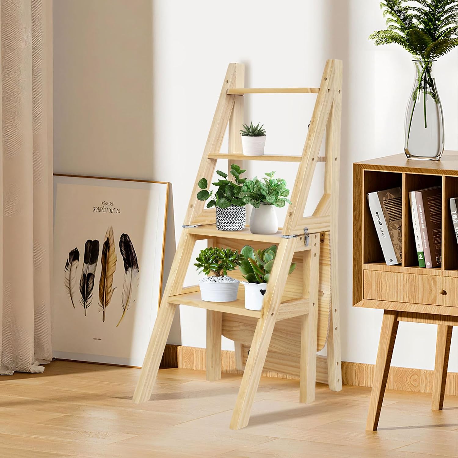 Library Ladder 4 Tier Folding Step Stool Chair 3-in-1 Multi-Functional Wood Step Ladder 265 lbs Indoor and Outdoor Display Stand and Storage Shelf for Home, Library, Kitchen