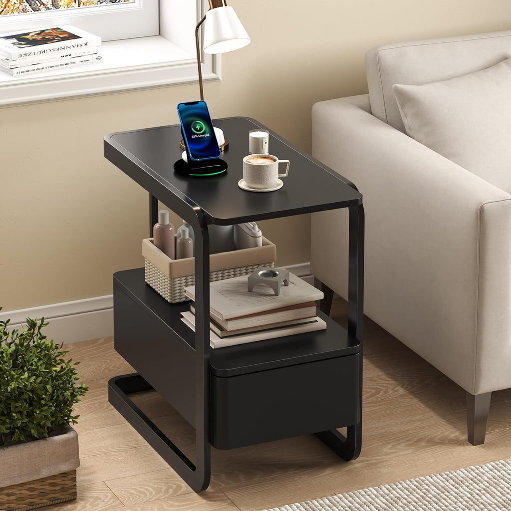 23.6" Tall Narrow Side Table with Drawer and Open Shelf – Modern End Table for Sofa, Couch & Small Spaces, Steel Frame, Lacquered Top, Nightstand for Bedroom, Living Room, Dorm, Black