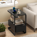 23.6" Tall Narrow Side Table with Drawer and Open Shelf – Modern End Table for Sofa, Couch & Small Spaces, Steel Frame, Lacquered Top, Nightstand for Bedroom, Living Room, Dorm, Black