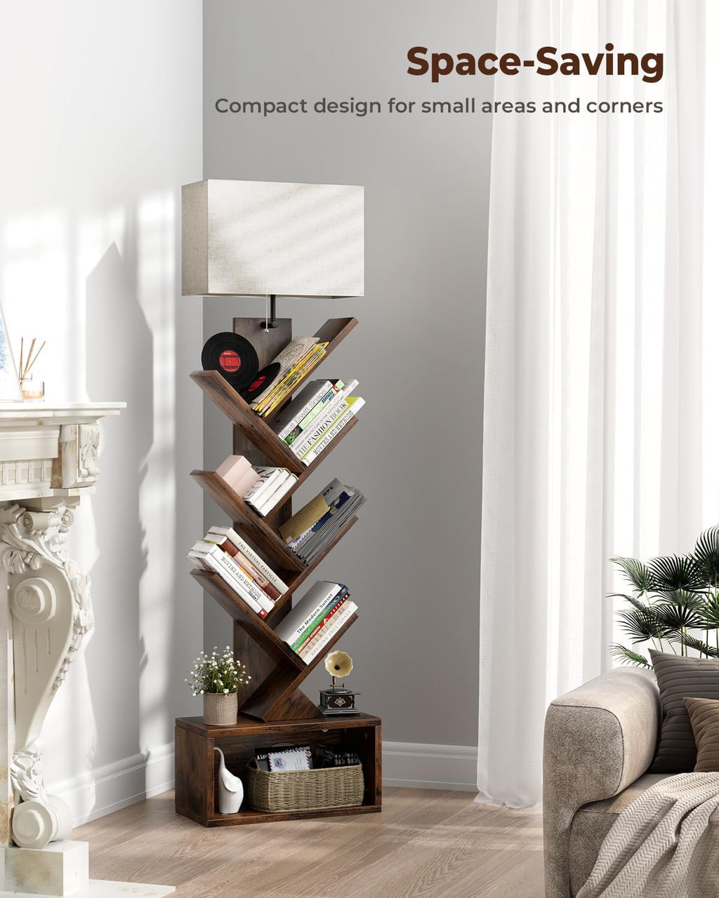 Evermagin 6 Tier Tree Bookshelf with Light, Bookcase, Rustic Brown | Narrow Tower Design, Storage Cabinet for Book Organization, Tall Floor Standing Use, Living Room, Bedroom and Home Office
