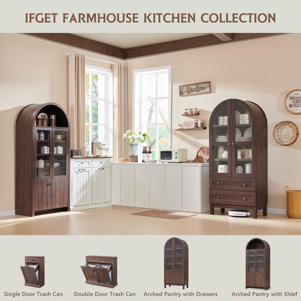 IFGET 71" Tall Arched Kitchen Pantry, Kitchens Storage Cabinets, Brown | Modern Farmhouse Wood Pantry w/2 Large Drawers and Adjustable Shelves, Versatile Cupboard for Kitchen, Dining Room, Bathroom