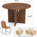 HIPIHOM Modern Round Dining Table Set for 4, 39.4" Walnut Kitchen Table with 4 PU Leather Chairs, 5-Piece Mid-Century Dining Room Set for Small Spaces, Pedestal Base