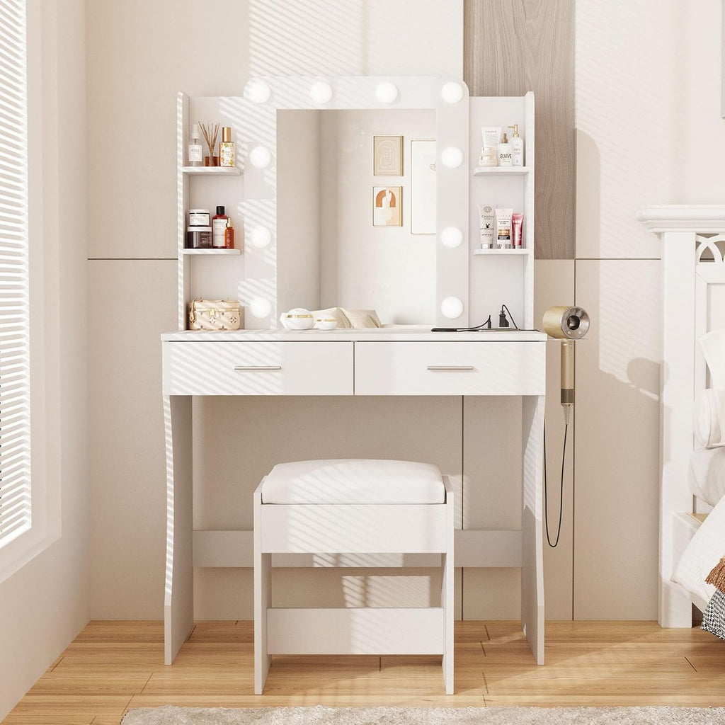 Vabches Vanity Desk with Mirror and Lights,Makeup Vanity Table with Charging Station,Vanity Set with 2 Drawers & Lots Storage Space,3 Lighting Modes Adjustable Brightness,White