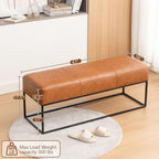 Leather Entryway Bench, Modern Long Faux Leather Ottoman Bench Seat with Metal Frame, 47'' Upholstered Bedroom Bench for Living Room Entryway Window, Vintage Brown