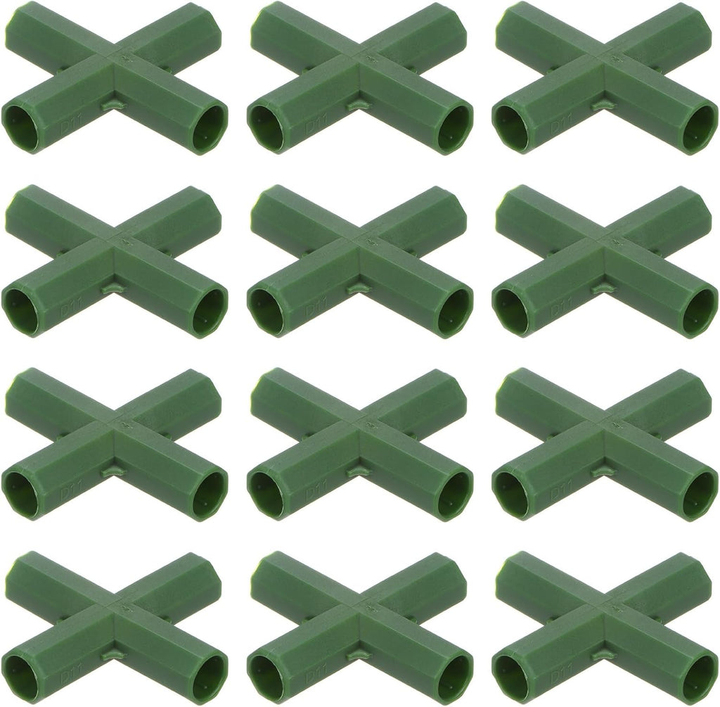 4 Pcs 11mm Greenhouse Frame Building Connectors, 4 Way Flat Pipe Fitting for Grape Trellis/Sunscreen Shed/Gardening Plant Stakes, Greenhouse Accessories [Green]