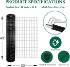 Black PVC Coated Welded Wire Fence 48 Inch x 50 Foot, 2 Inch x 4 Inch 14GA, Garden Border Fencing Roll Vinyl Coating Metal Wire Mesh Hardware Cloth for Yard Vegetable Plant Protection