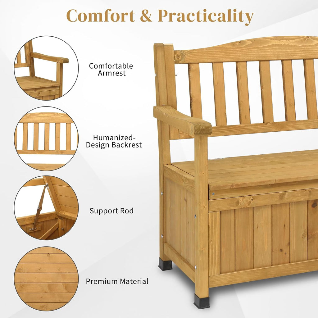 Outdoor Wood Storage Bench Deck Box, Entryway Porch Storage Bench, Wood Loveseat for Garden, Lawn, Balcony & Yard