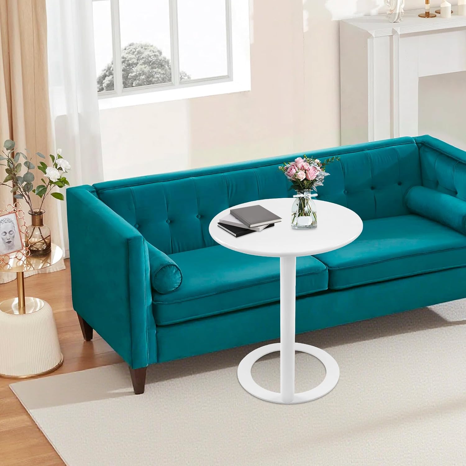 C-Shaped Round End Table for Couch, Mental Side Table Sofa Tables Slide Under Couch for with O-Shaped Base for Small Space, White