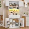 71" Tall Kitchen Pantry Cabinet with Microwave Countertop, LED Lights White | 29.5" W Wood Kitchen Hutch with Drawer, 4 Doors, Charging Station and Adjustable Shelf for Dining Room and Living Room