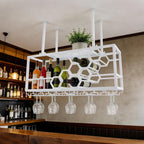 Ceiling Wine Glass Rack, 39" Hanging Wine Rack with Glass Holder and Shelf, Industrial Hanging Wine Bottle Holder, Iron Wine Shelf for Bar Cafe Kitchen - White