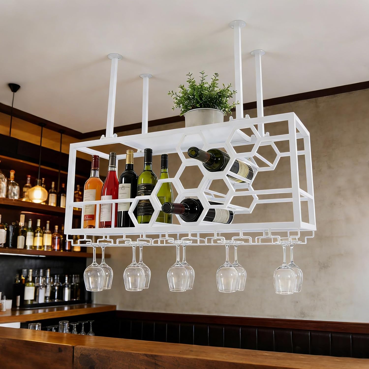 Ceiling Wine Glass Rack, 39" Hanging Wine Rack with Glass Holder and Shelf, Industrial Hanging Wine Bottle Holder, Iron Wine Shelf for Bar Cafe Kitchen - White