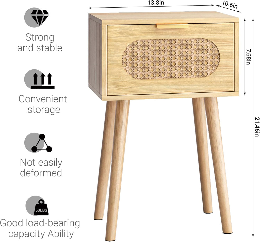 Nightstands Set of 2, Bedside Table with Rattan Door, Boho End Table with Solid Wood Legs for Bedroom, Living Room, Small Space Nightstands, Natural Color, HNS001N