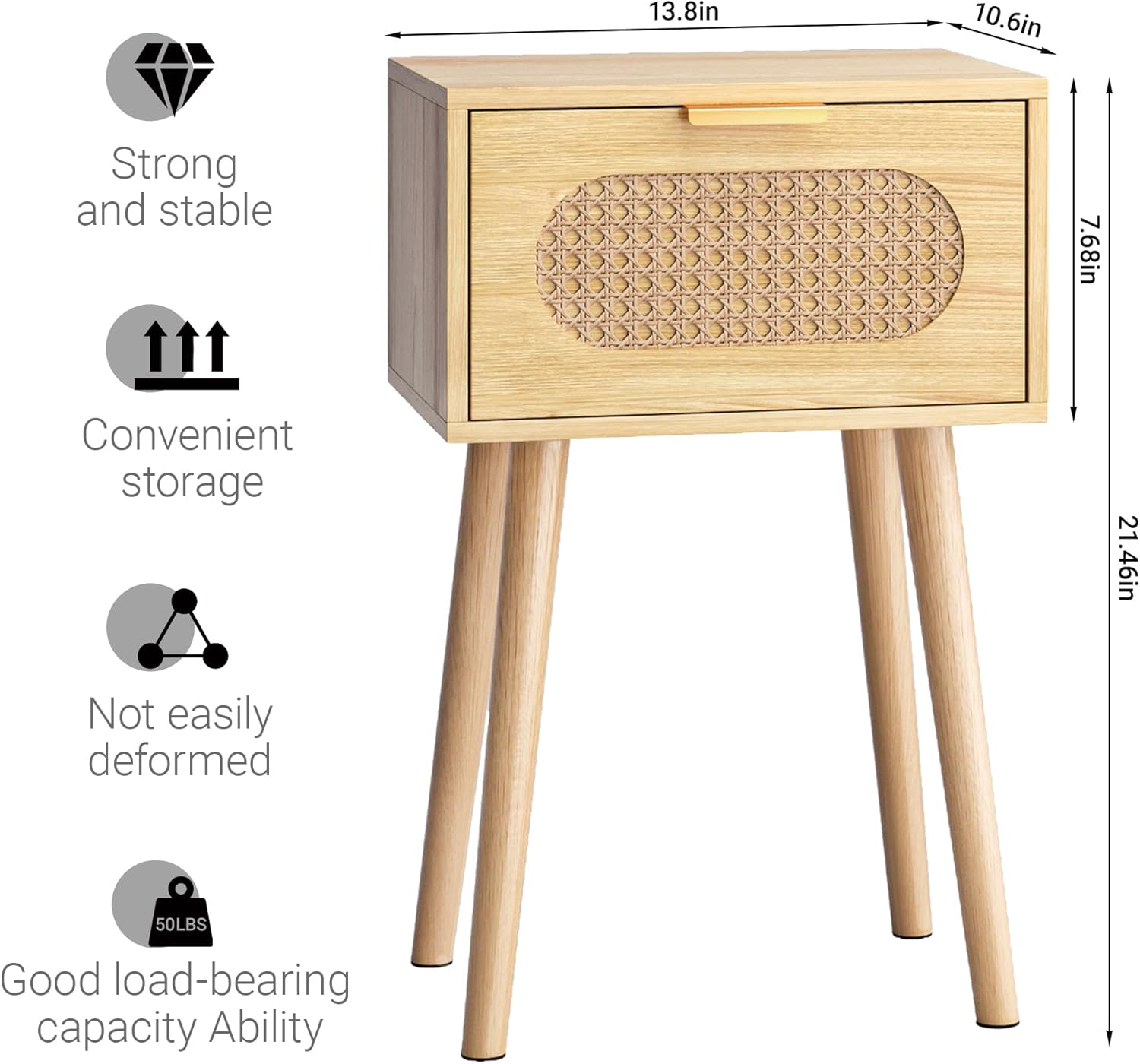 Nightstands Set of 2, Bedside Table with Rattan Door, Boho End Table with Solid Wood Legs for Bedroom, Living Room, Small Space Nightstands, Natural Color, HNS001N
