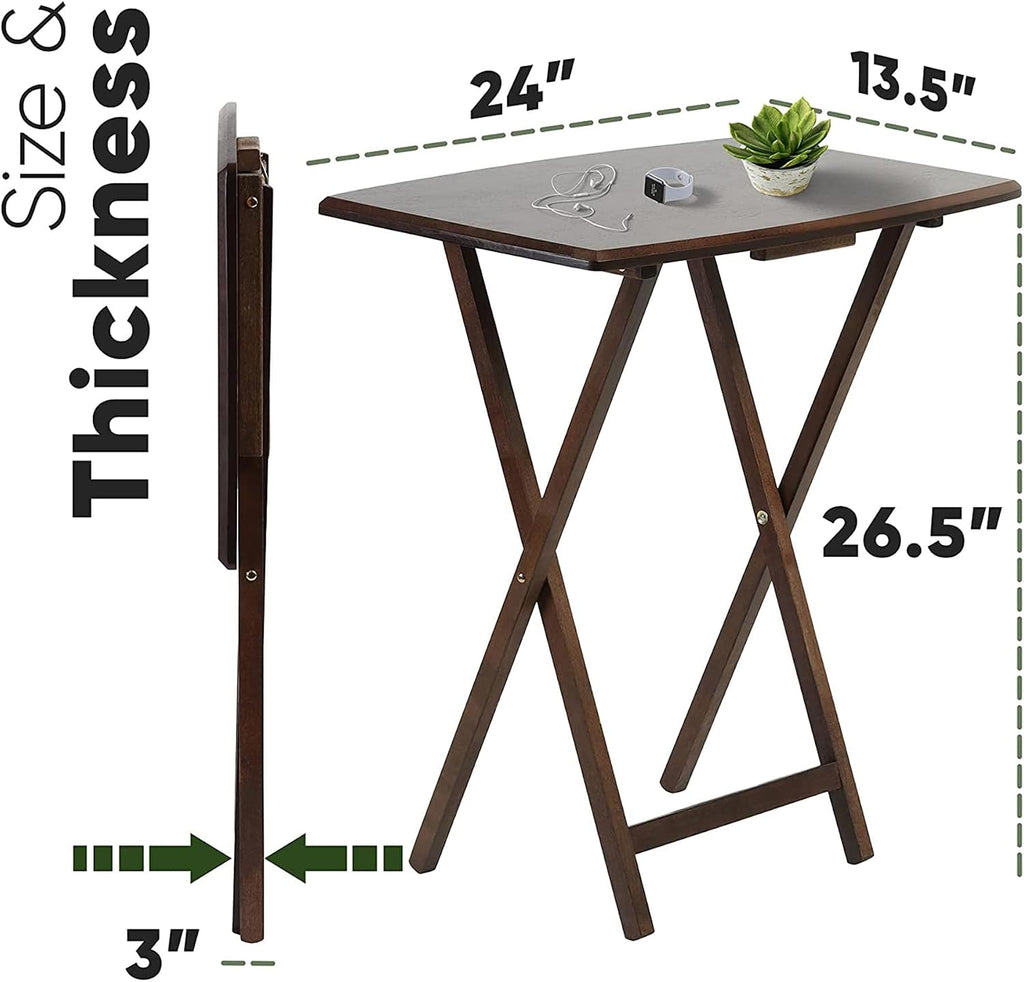PJ Wood - 5-Piece Folding Tray Table Set - Walnut with Rack | Solid Wood, 14.57 x 19.09 x 26 in, 36 lb Capacity, Indoor Use, Rectangular Design, Glide Feet, Space Saving Storage