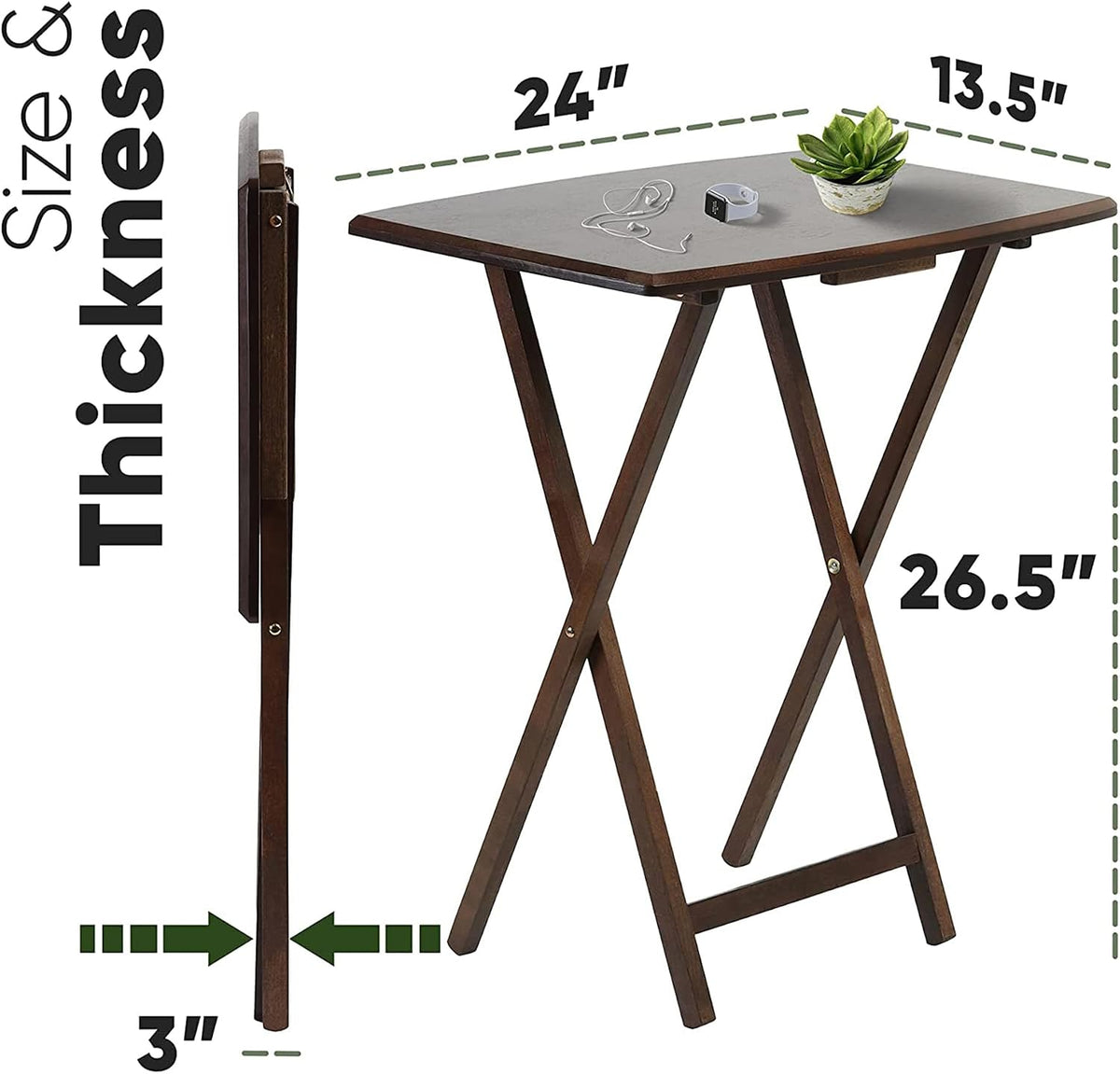 PJ Wood - 5-Piece Folding Tray Table Set - Walnut with Rack | Solid Wood, 14.57 x 19.09 x 26 in, 36 lb Capacity, Indoor Use, Rectangular Design, Glide Feet, Space Saving Storage