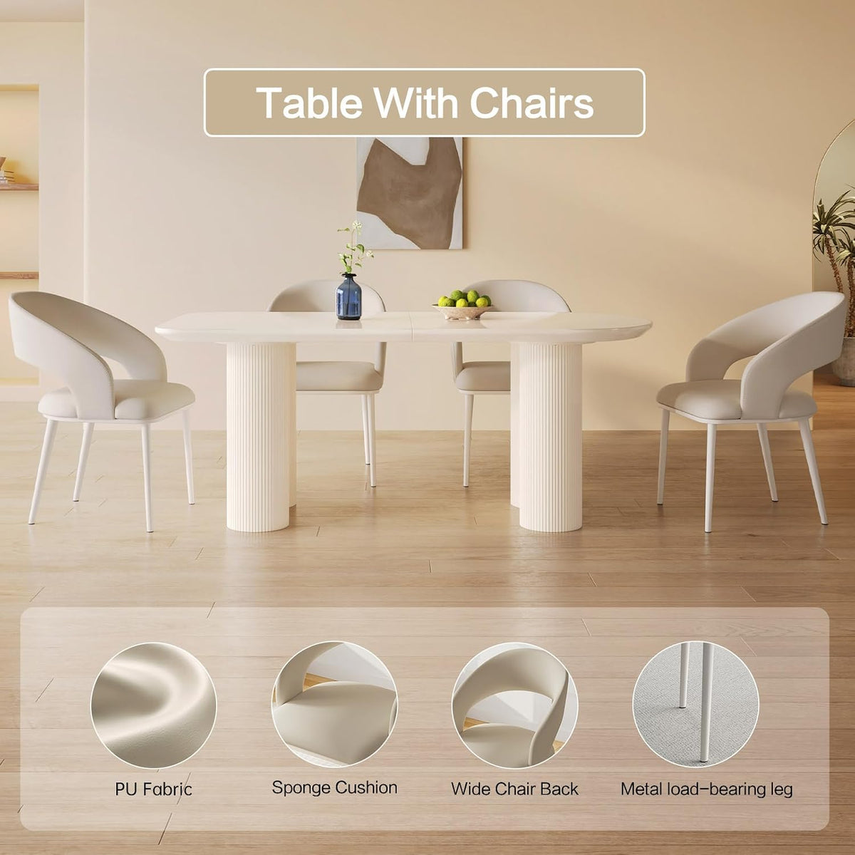 Rectangle Dining Table Set for 4, Modern Dinner Table with 4 Chairs for Kitchen, White Indoor 5 Pieces Kitchen Table Set, 62.99" L
