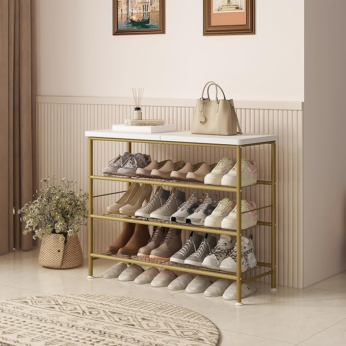 Shoe Rack Organizer 4 Tier for Closet Entryway Free Standing Metal Storage Shoe Shelf with MDF Top Board，Gold