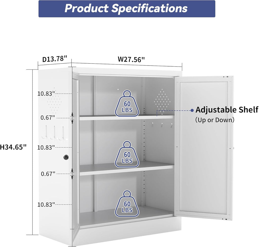 Metal Pantry Cabinet, 35 Inch Tall Kitchen Storage Cabinet, Pantry Cabinet with Doors and 2 Adjustable Shelves, Food Pantry Storage Cabinet for Kitchen, White
