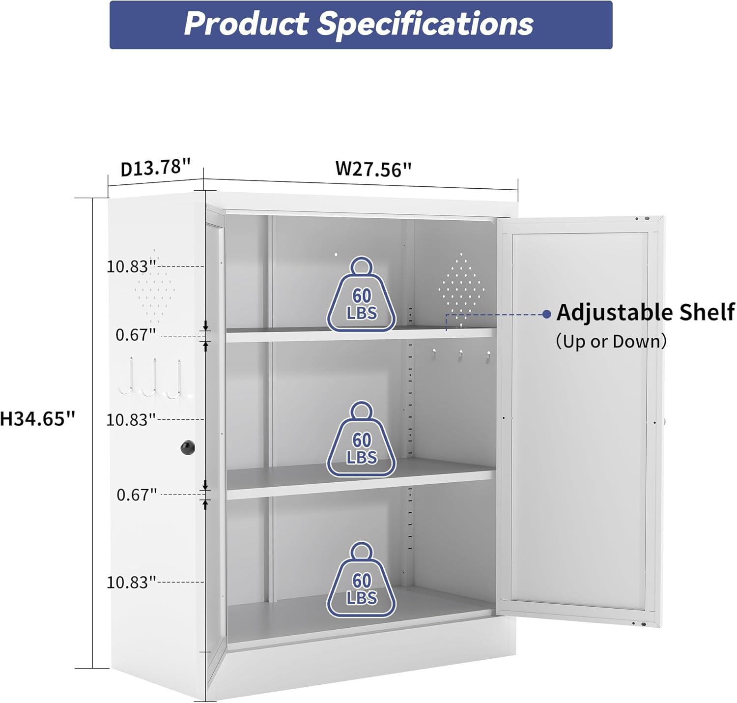 Metal Pantry Cabinet, 35 Inch Tall Kitchen Storage Cabinet, Pantry Cabinet with Doors and 2 Adjustable Shelves, Food Pantry Storage Cabinet for Kitchen, White