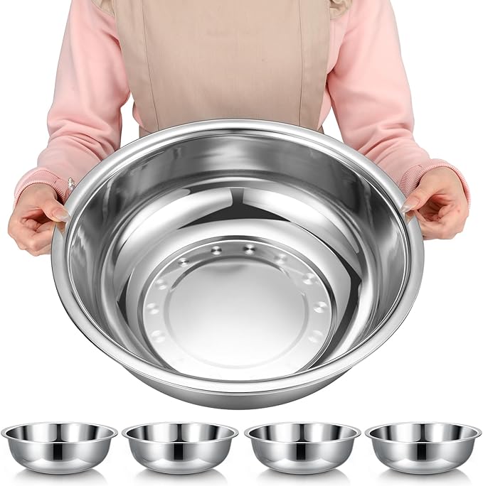 Nuogo 4 Pcs Stainless Steel Mixing Bowls Metal Mixing Bowls Extra Large Basin Salad Basin Deeper Edge Dishwasher Safe Mirror Finish for Home and Commercial, Silver (16 Inch 13 Qt)