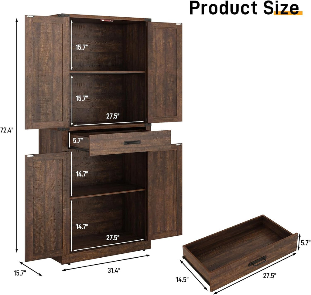 Hlivelood 72" Tall Farmhouse Kitchen Pantry Cabinet with Drawer, Rustic Wood Cupboard Storage Cabinet w/Organizer and 4 Barn Doors, Storage Cabinet for Kitchen, Dining Room, Living Room, Brown