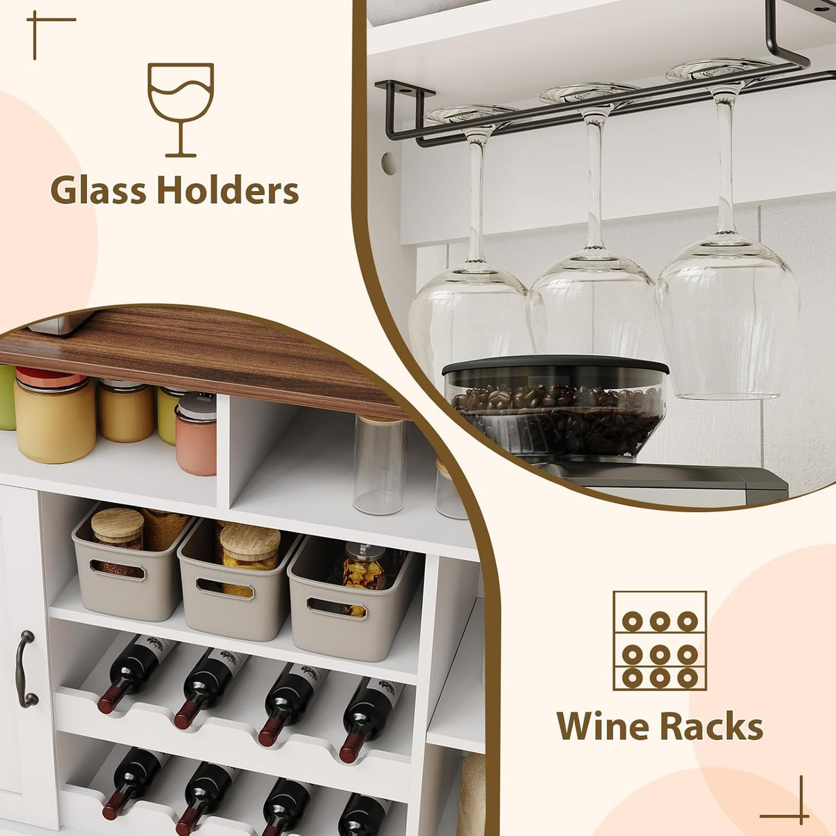 47Inch Buffet Sideboard with Power Outlets Farmhouse Coffee Bar Cabinet with Storage, Large Buffet Storage Cabinet Table with Wine Racks, Goblet Holder, Hooks for Kitchen, Dining Room, Entryway, White