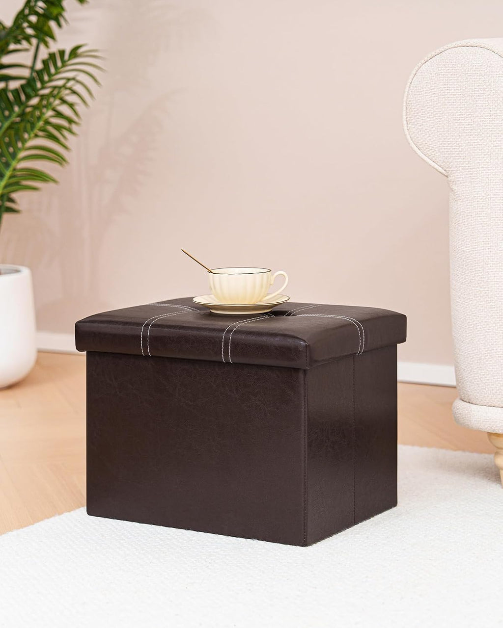 B FSOBEIIALEO Folding Storage Ottoman, 16.5" Faux Leather Ottomans, Brown | Small Ottoman Foot Rest with Padded Seat, Rectangle Coffee Table Chest Bench, for Dorm Living Room