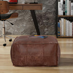 SIMPLIHOME Brody 26" Wide Genuine Leather Square Pouf in Distressed Brown | Distressed brown boho footrest, coffee table and extra seating for living room, assembled; floor cushion or accent seat.