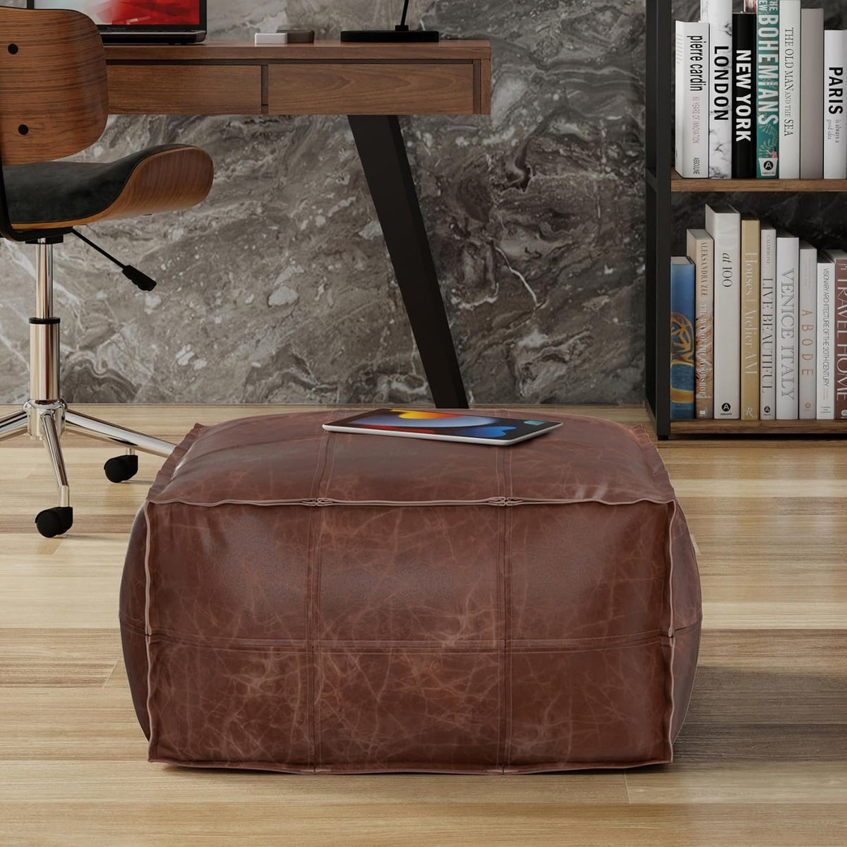 SIMPLIHOME Brody 26" Wide Genuine Leather Square Pouf in Distressed Brown | Distressed brown boho footrest, coffee table and extra seating for living room, assembled; floor cushion or accent seat.