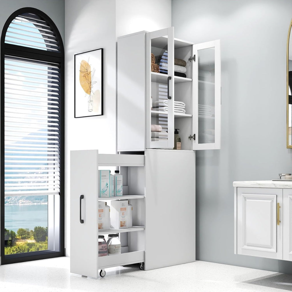 KEIKI 70.87" H Kitchen Pantry Storage Cabinet with Pull-Out Shelf, Glass Doors, Tall Modern Wooden Display Cabinet, Bookshelf, Bookcase, Food Pantries for Dining Room, Living Room Home Office, White