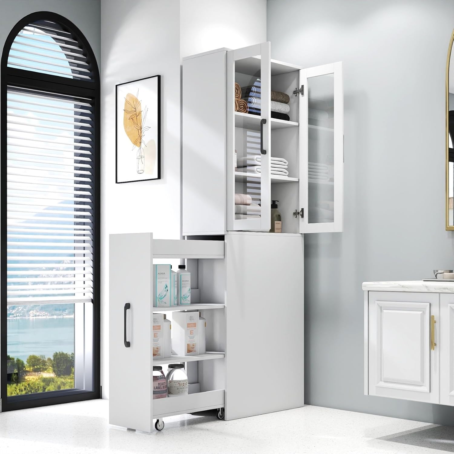 KEIKI 70.87" H Kitchen Pantry Storage Cabinet with Pull-Out Shelf, Glass Doors, Tall Modern Wooden Display Cabinet, Bookshelf, Bookcase, Food Pantries for Dining Room, Living Room Home Office, White