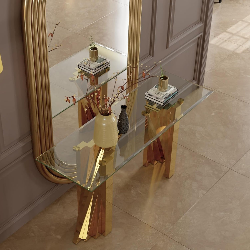 60" Gold Console Table, Entryway Table with Clear Tempered Glass | Modern Glam, Elegant Beveled Edge, Polished Stainless Steel Geometric Base, Long Sofa Table for Living Room, Hallway, Foyer