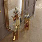 60" Gold Console Table, Entryway Table with Clear Tempered Glass | Modern Glam, Elegant Beveled Edge, Polished Stainless Steel Geometric Base, Long Sofa Table for Living Room, Hallway, Foyer