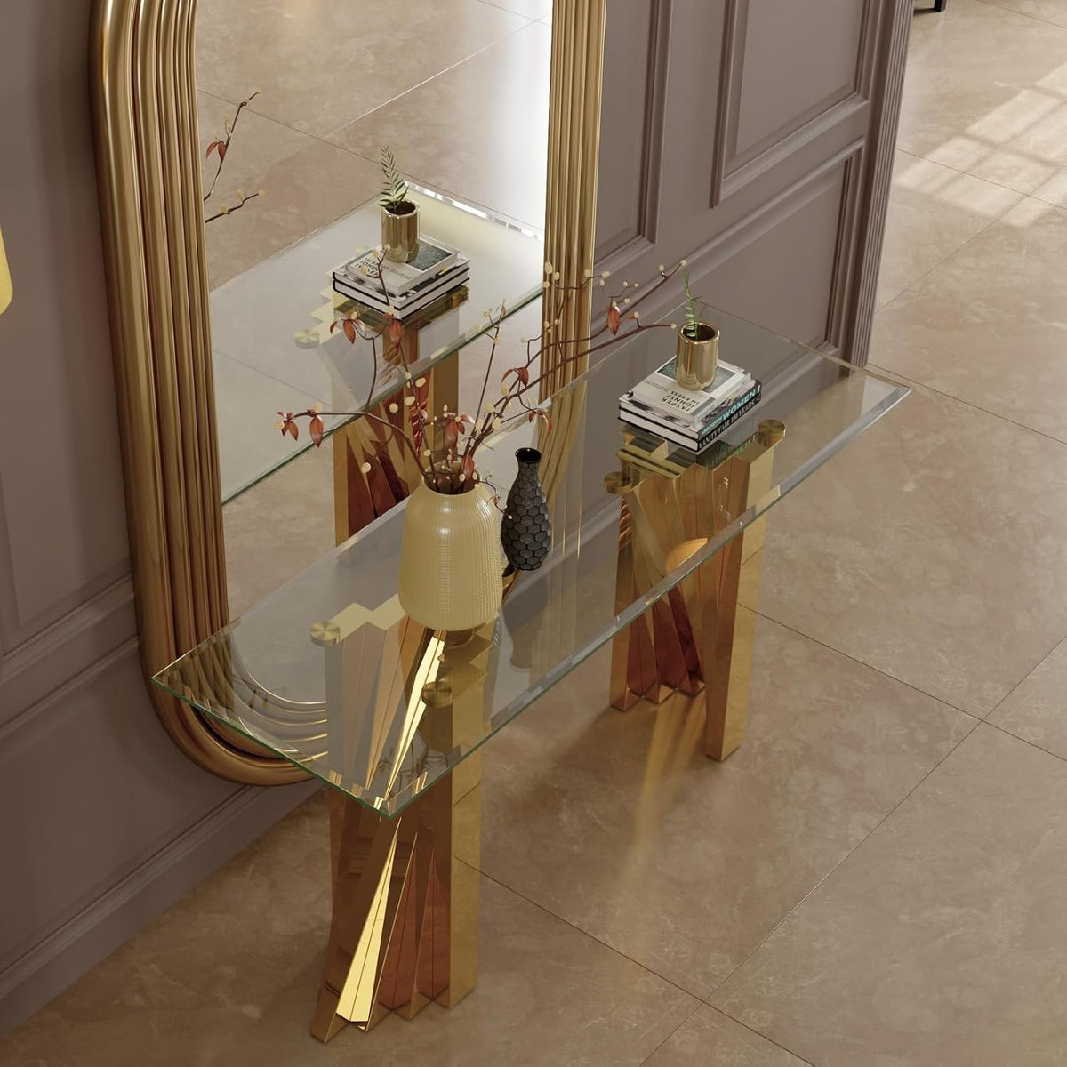 60" Gold Console Table, Entryway Table with Clear Tempered Glass | Modern Glam, Elegant Beveled Edge, Polished Stainless Steel Geometric Base, Long Sofa Table for Living Room, Hallway, Foyer