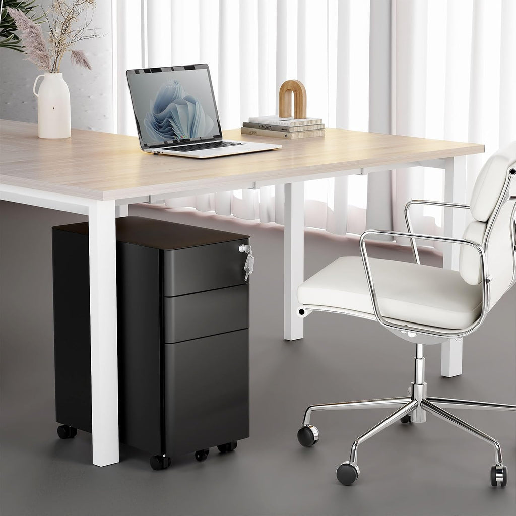Mount-It! Slim 3 Drawer Rolling File Cabinet with Lock, Mobile Metal Filing Cabinet on Wheels for Under Desk Home & Office Storage, Letter Legal A4, Black