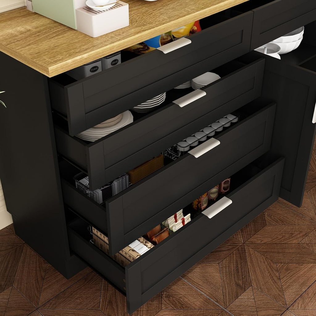 Kitchen Cabinet Set with 5 Drawers and Shelves, Wall-Mounted Pantry Cabinet Set with Doors & Countertop, for Kitchen Storage Black and Oak