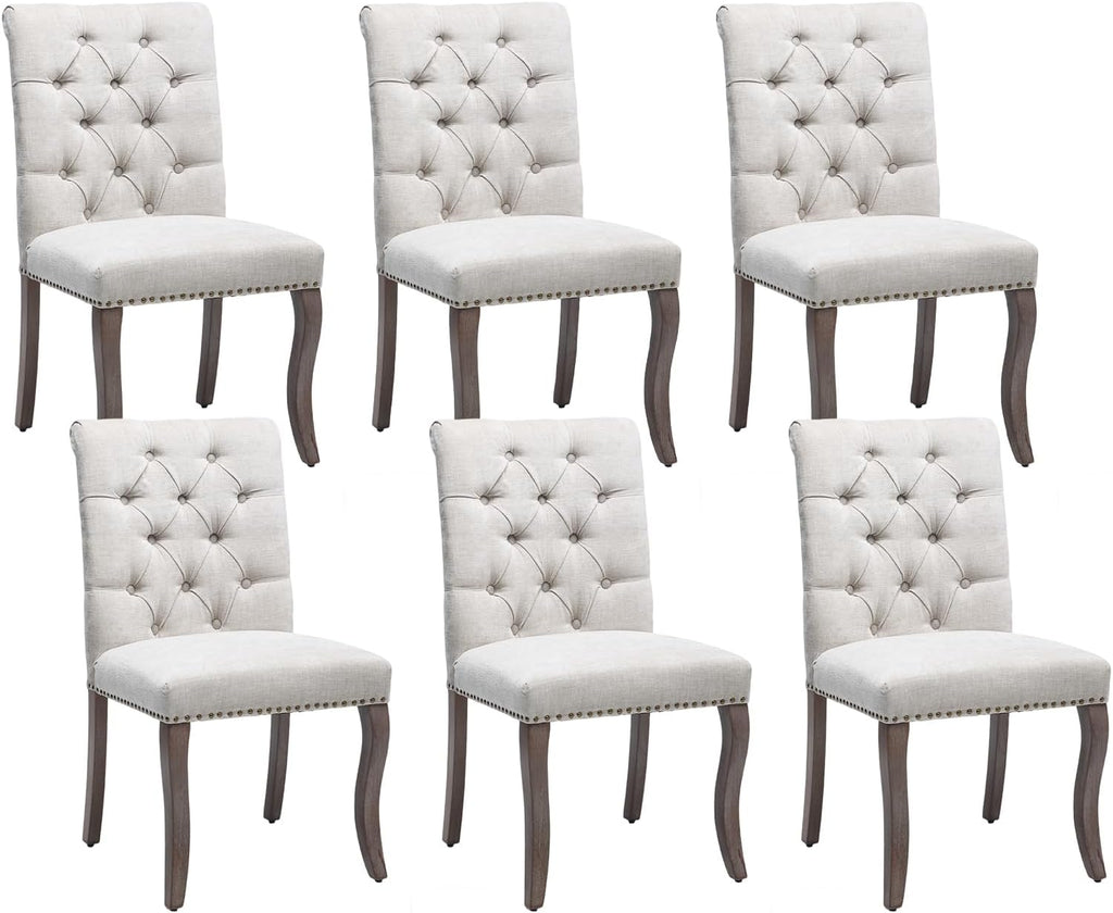 Modern Dining Chairs Set of 6, Upholstered Accent Parsons Dinning Chairs with Tufted Back and Solid Wood Legs, Comfortable Chenille Fabric Kitchen Chairs for Dining Room/Kitchen, Beige