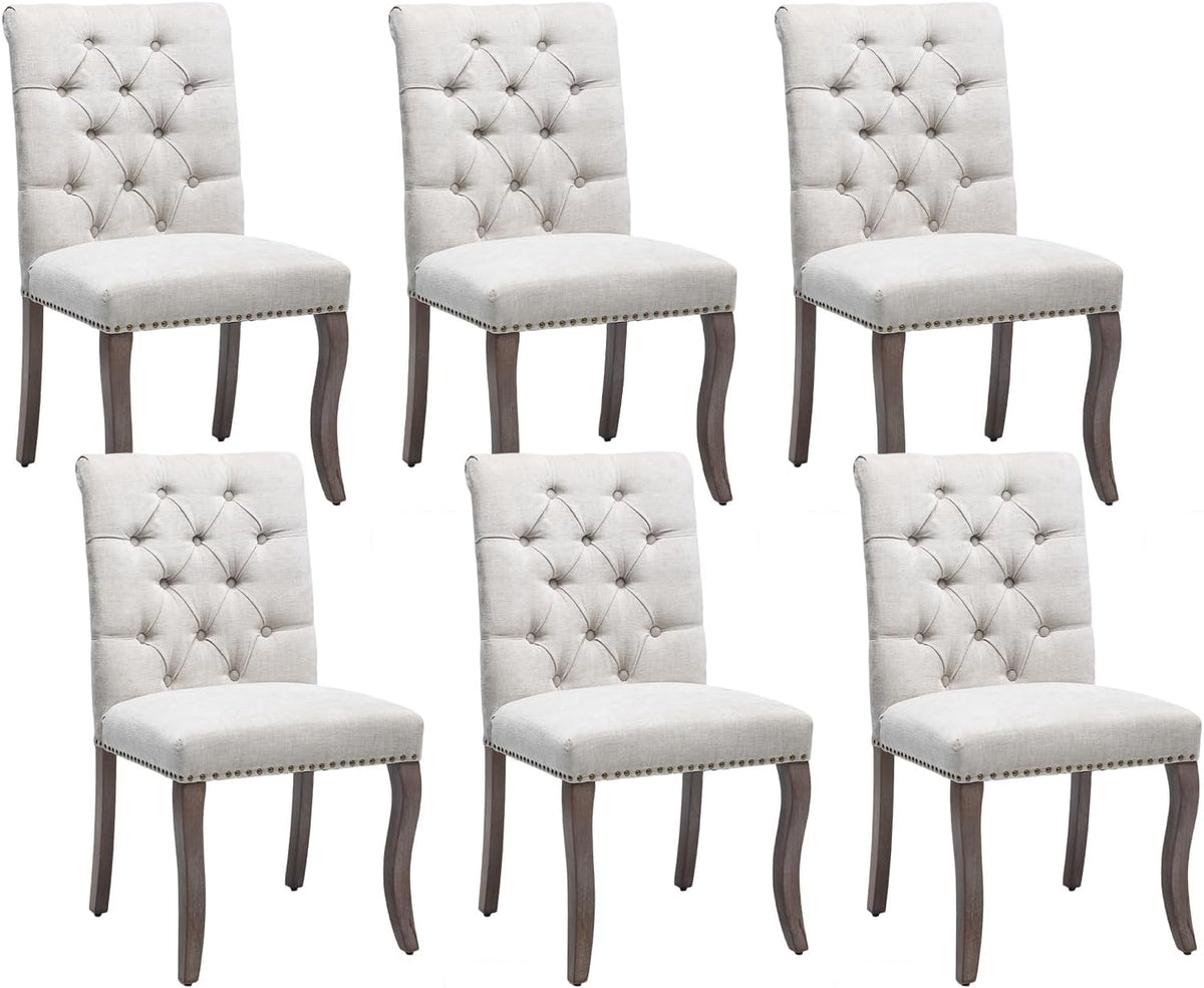 Modern Dining Chairs Set of 6, Upholstered Accent Parsons Dinning Chairs with Tufted Back and Solid Wood Legs, Comfortable Chenille Fabric Kitchen Chairs for Dining Room/Kitchen, Beige