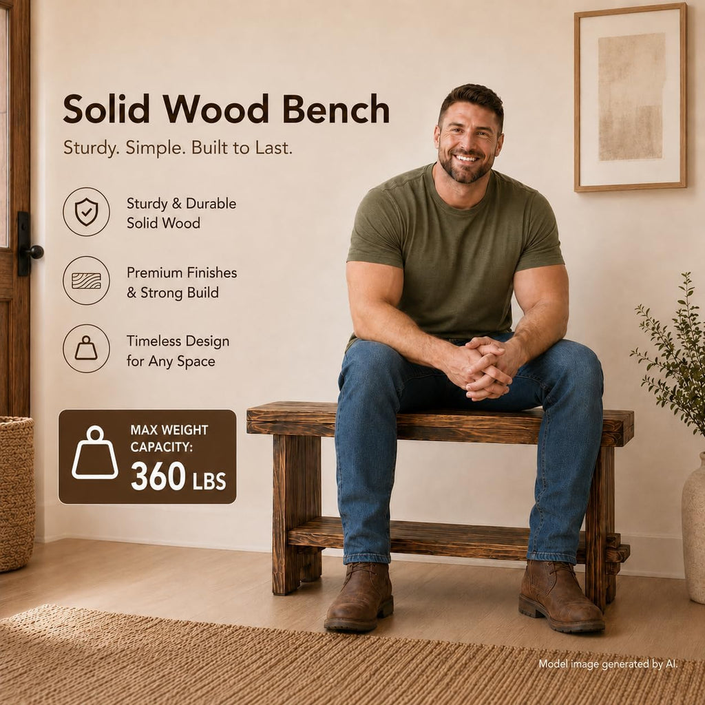 31.5" Solid Wood Entryway Bench, Farmhouse Rustic Storage Bench for Small Spaces, Narrow Indoor Bench Seat for Hallway, Living Room, Dining Room & Mudroom, Mortise-and-Tenon Base, Rustic Brown