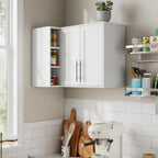 L Shape Wall Mounted Storage Cabinet, White Floating Sideboard Buffet Cabinet with 2 Doors & 3 Open Shelves, Wall Storage Organizer for Kitchen Dining Room
