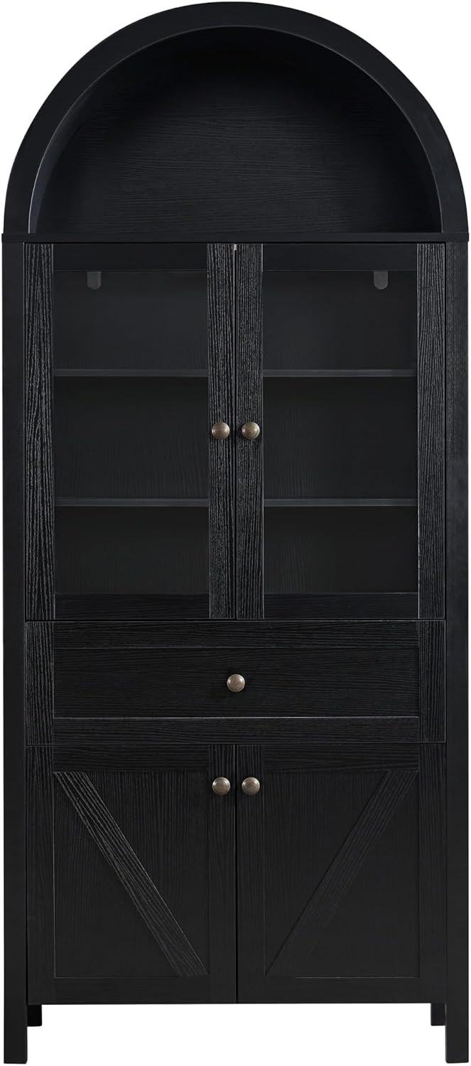 71" Tall Arched Pantry Cabinet, Kitchen Storage Pantry Cabinet, Farmhouse Wood Arched Bookshelf with Drawers and Adjustable Shelves for Living Room, Kitchen, Dining Room (Black)