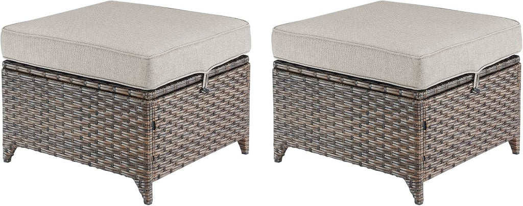 Outdoor Wicker Ottomans Rattan Footrests - Heavy Duty Outside Resin Rattan Lawn Footstools for Front Porch Balcony Backyard Yard Deck Apartment – Brown/Beige