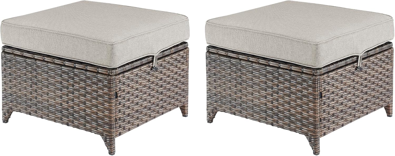 Outdoor Wicker Ottomans Rattan Footrests - Heavy Duty Outside Resin Rattan Lawn Footstools for Front Porch Balcony Backyard Yard Deck Apartment – Brown/Beige