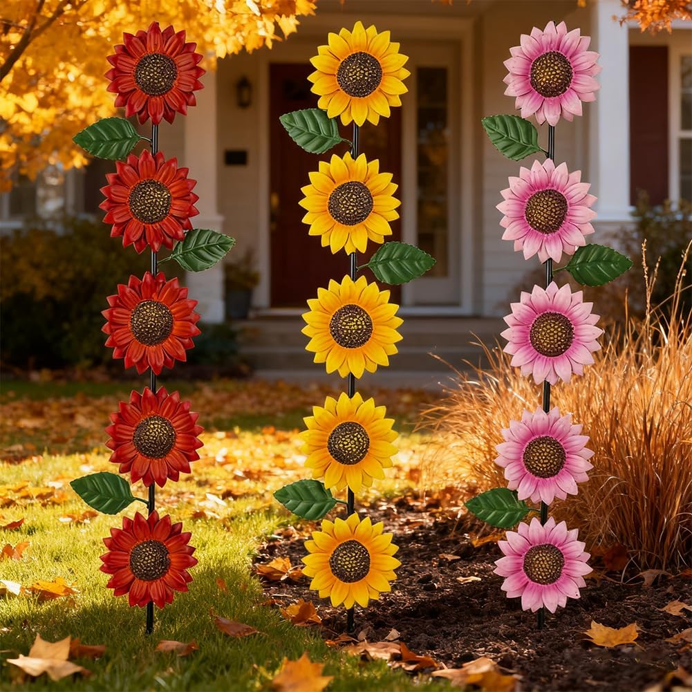 Garden Decor for Outside,3 Pack Sunflowers Metal Yard Art Decorative Garden Stakes,Metal Flowers Spring Garden Stakes Decor,Landscape,Patio(22.6 * 4.7IN)