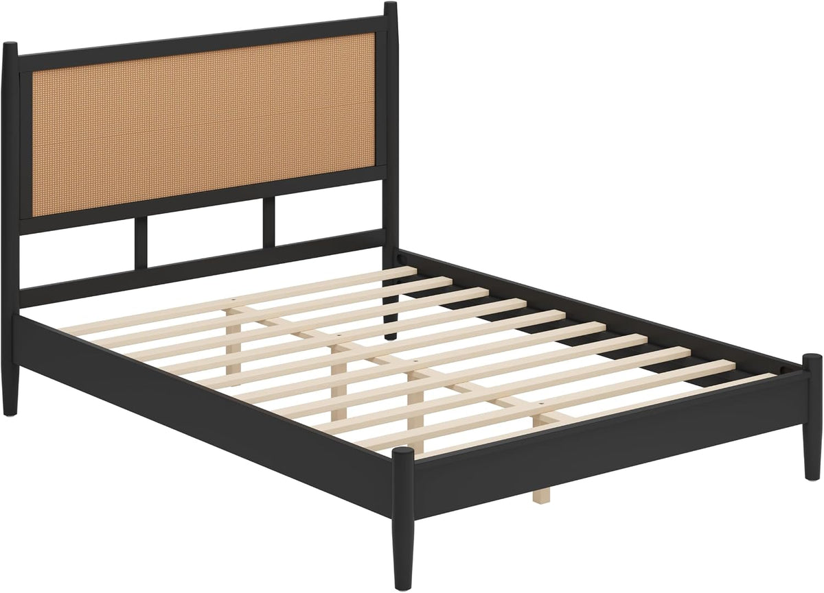 Merax Black Queen Size Platform Bed Frame with Rattan Headboard