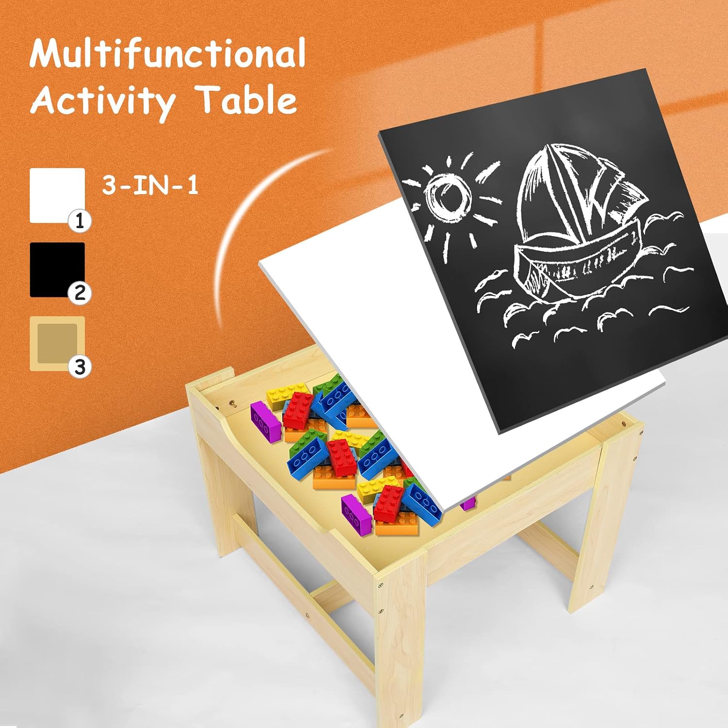 Bonnlo Kids Table and Chairs, Toddler Activity Table and Storage Drawer with a Detachable Tabletop for Kids Room, Nursery, Playroom, Natural