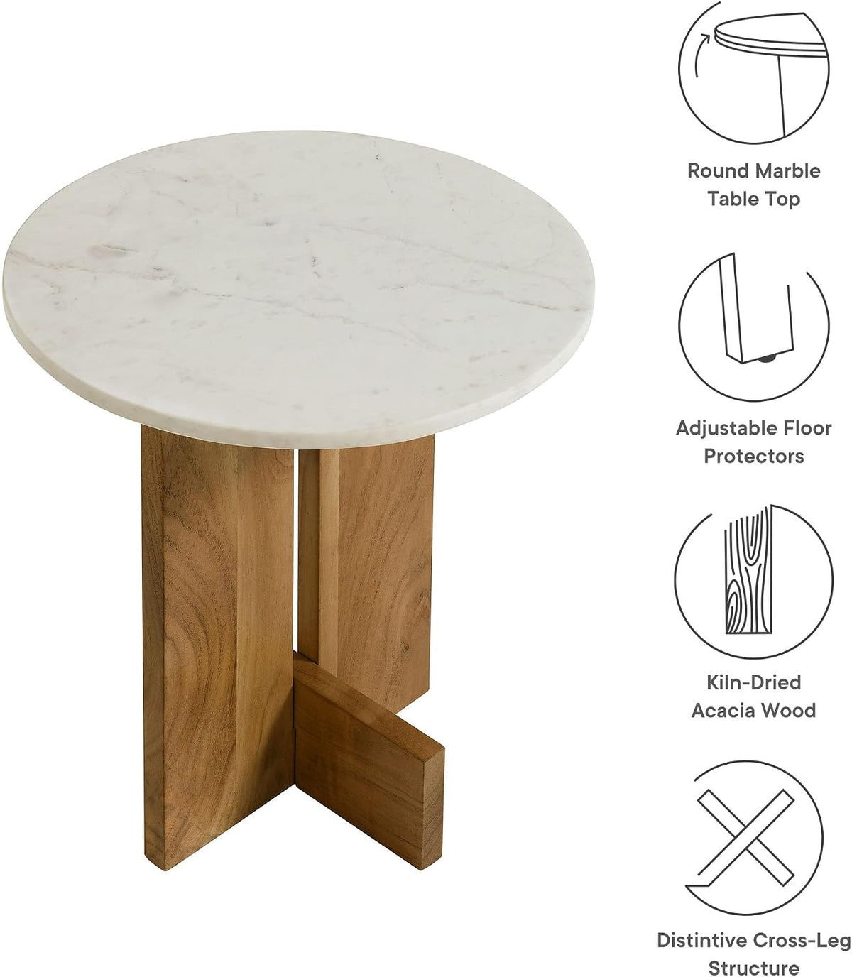 Modway Tarin Marble Top Side Table in Natural - Round Acacia Wood Living Room End Table - Modern Plant Stand or Small Drink Table