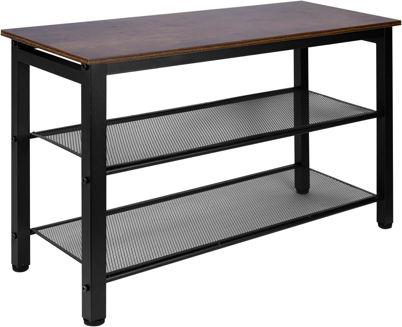 3-Tier Shoe Rack Bench, Industrial Shoe Organizer with Metal Mesh Shelves and Wood Seat, 29.5 Inch Entryway Storage Bench for Living Room or Hallway, Rustic Brown