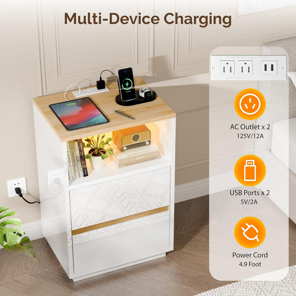VINGLI White Nightstand with Charging Station, High Gloss Led Night Stand with Drawers, End Table, Bedside Table, Smart Nightstand Modern, Small Night Stand for Bedroom, 15.63" W*11.61" D*23.62" H