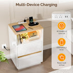 VINGLI White Nightstand with Charging Station, High Gloss Led Night Stand with Drawers, End Table, Bedside Table, Smart Nightstand Modern, Small Night Stand for Bedroom, 15.63" W*11.61" D*23.62" H